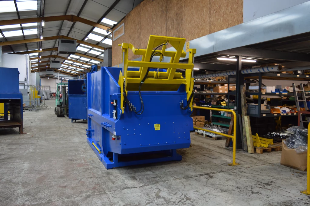 Front view of the new MC14BL with the bin lift up whilst on our workshop